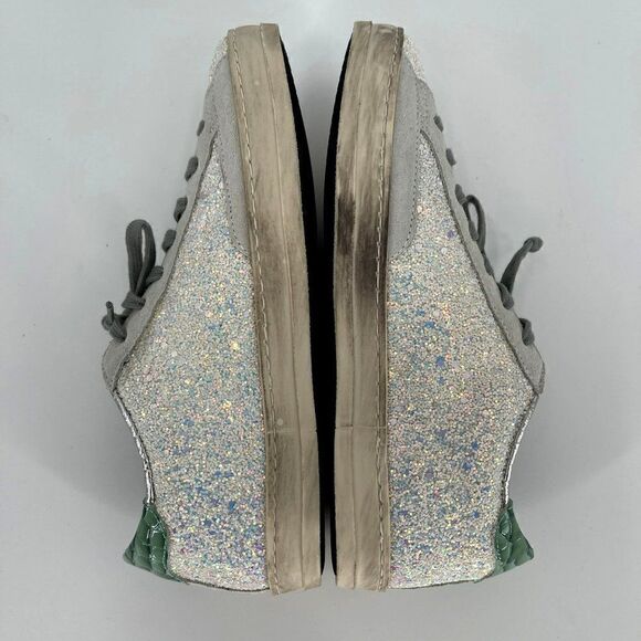 P448 John Iridescent Glitter Platform Leather Sneakers White Green Women 36 - Picture 5 of 12
